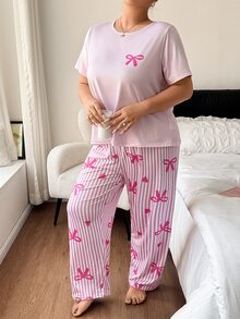 Slumberry CURVE Set Piyama Ukuran Besar Motif Garis-Garis Hati dan Pita INS yang Manis dan Imut, Leher Bulat, Nyaman, dan Longgar, Rajutan, Ukuran Plus - Berwarna merah muda - View 10