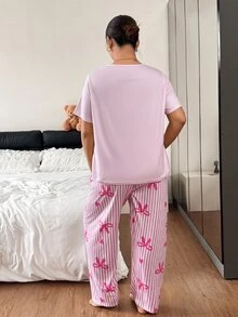 Slumberry CURVE Set Piyama Ukuran Besar Motif Garis-Garis Hati dan Pita INS yang Manis dan Imut, Leher Bulat, Nyaman, dan Longgar, Rajutan, Ukuran Plus - Berwarna merah muda - View 12