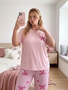 Slumberry CURVE Set Piyama Ukuran Besar Motif Garis-Garis Hati dan Pita INS yang Manis dan Imut, Leher Bulat, Nyaman, dan Longgar, Rajutan, Ukuran Plus - Berwarna merah muda - View 8