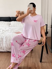 Slumberry CURVE Set Piyama Ukuran Besar Motif Garis-Garis Hati dan Pita INS yang Manis dan Imut, Leher Bulat, Nyaman, dan Longgar, Rajutan, Ukuran Plus - Berwarna merah muda - View 5