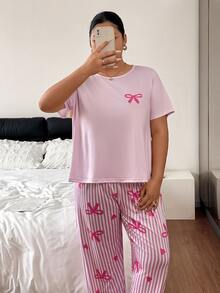 Slumberry CURVE Set Piyama Ukuran Besar Motif Garis-Garis Hati dan Pita INS yang Manis dan Imut, Leher Bulat, Nyaman, dan Longgar, Rajutan, Ukuran Plus - Berwarna merah muda - View 11