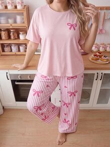 Slumberry CURVE Set Piyama Ukuran Besar Motif Garis-Garis Hati dan Pita INS yang Manis dan Imut, Leher Bulat, Nyaman, dan Longgar, Rajutan, Ukuran Plus - Berwarna merah muda - View 7