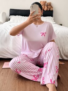 Slumberry CURVE Set Piyama Ukuran Besar Motif Garis-Garis Hati dan Pita INS yang Manis dan Imut, Leher Bulat, Nyaman, dan Longgar, Rajutan, Ukuran Plus - Berwarna merah muda - View 2