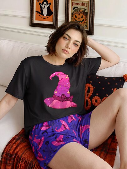Chillnights Conjunto de pijama de talla grande holgado con camiseta de cuello redondo de manga corta de punto cómodo y shorts, estampado de sombrero de bruja en bloques de color y telaraña con murciélagos para Halloween