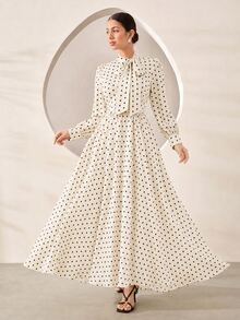 Graceveil Elegant Rose Print Stand Collar Tie Waist Flared Chiffon Dress - Apricot - View 6