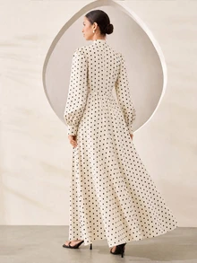 Graceveil Elegant Rose Print Stand Collar Tie Waist Flared Chiffon Dress - Apricot - View 7