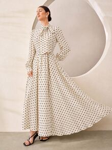 Graceveil Elegant Rose Print Stand Collar Tie Waist Flared Chiffon Dress - Apricot - View 4