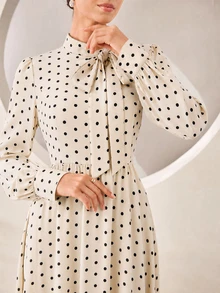 Graceveil Elegant Rose Print Stand Collar Tie Waist Flared Chiffon Dress - Apricot - View 2
