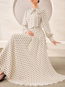 Graceveil Elegant Rose Print Stand Collar Tie Waist Flared Chiffon Dress - Apricot - View 1