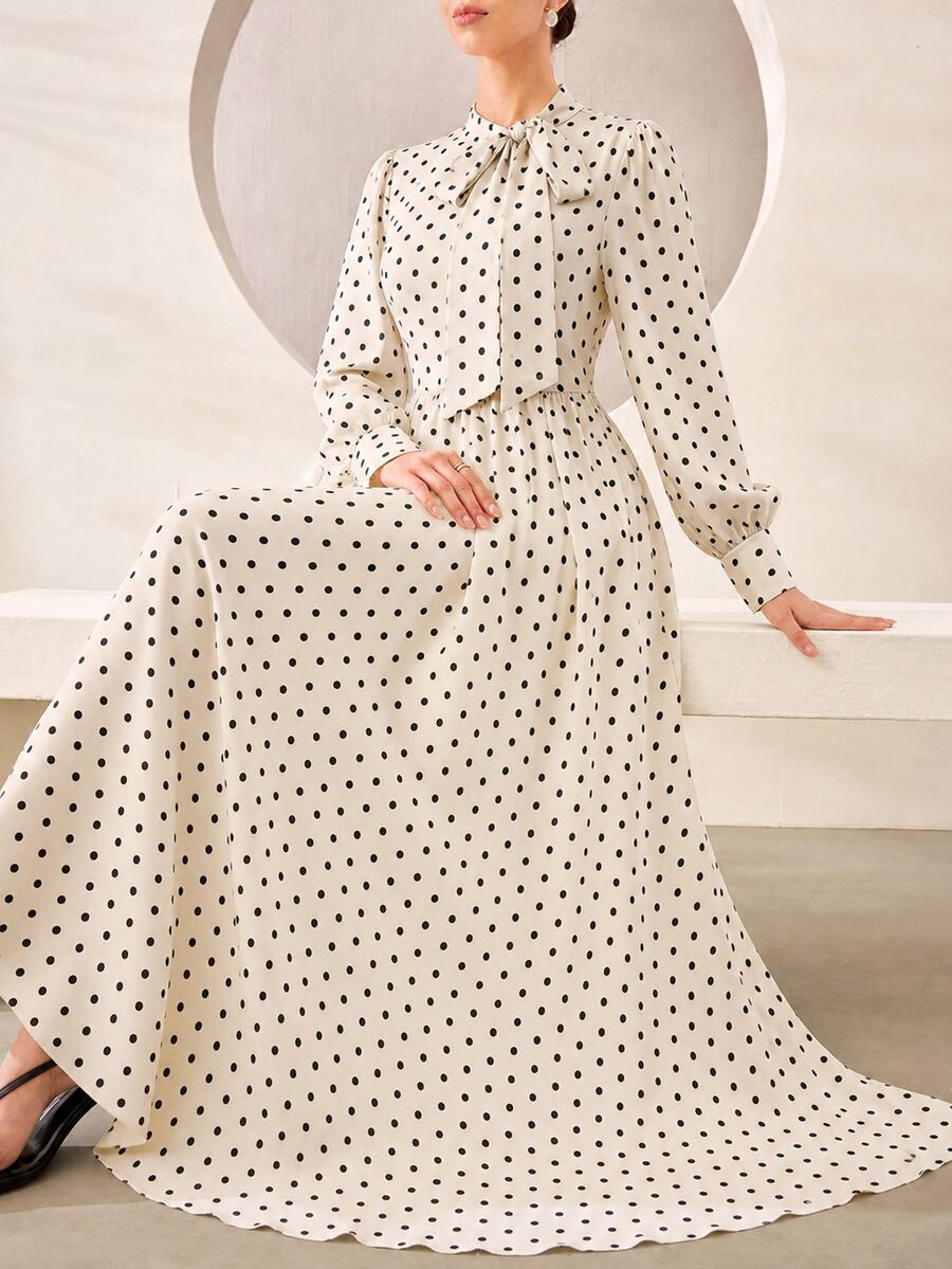 Graceveil Elegant Rose Print Stand Collar Tie Waist Flared Chiffon Dress - Apricot - View 1