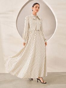 Graceveil Elegant Rose Print Stand Collar Tie Waist Flared Chiffon Dress - Apricot - View 5