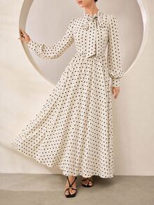 Graceveil Elegant Rose Print Stand Collar Tie Waist Flared Chiffon Dress - Apricot - View 3