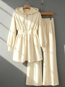 Seusyu 酒红色修身拉链连帽休闲长袖外套和裤子两件套，女士秋冬服装，女装两件套 - 杏色 - 查看 1