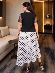 Modelyn Spring/Autumn Black Waist-Cinching Contrast Lace Top & Irregular Polka Dot Lace Skirt, Elegant 2-Piece Set For Dating And Shopping, Plus Size Women - Black - View 3