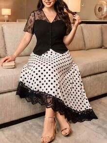 Modelyn Spring/Autumn Black Waist-Cinching Contrast Lace Top & Irregular Polka Dot Lace Skirt, Elegant 2-Piece Set For Dating And Shopping, Plus Size Women - Black - View 5