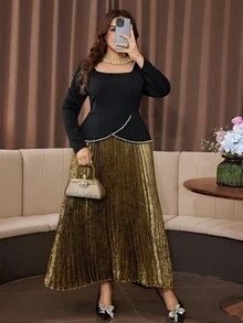 Modelyn Gold Pleated Patchwork Black Long Sleeve Slim Fit Elegant Glamorous Luxury High-End Pearl Decor Plus Size Dress - Gold - View 3