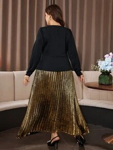 Modelyn Gold Pleated Patchwork Black Long Sleeve Slim Fit Elegant Glamorous Luxury High-End Pearl Decor Plus Size Dress - Gold - View 2