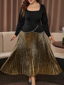 Modelyn Gold Pleated Patchwork Black Long Sleeve Slim Fit Elegant Glamorous Luxury High-End Pearl Decor Plus Size Dress - Gold - View 5