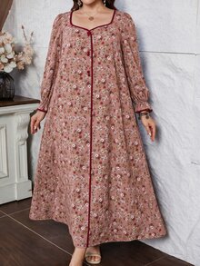 Lacomfia Plus Size Women Ditsy Floral Midi Dress Square Neck Lantern Long Sleeve Contrast Trim Fall Casual Boho Maxi Dress - Multicolor - View 7