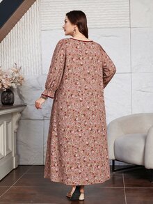 Lacomfia Plus Size Women Ditsy Floral Midi Dress Square Neck Lantern Long Sleeve Contrast Trim Fall Casual Boho Maxi Dress - Multicolor - View 2