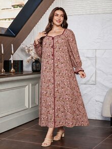 Lacomfia Plus Size Women Ditsy Floral Midi Dress Square Neck Lantern Long Sleeve Contrast Trim Fall Casual Boho Maxi Dress - Multicolor - View 4
