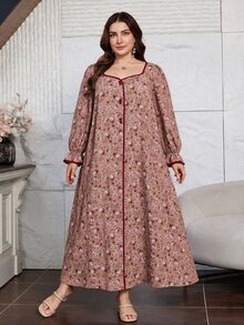 Lacomfia Plus Size Women Ditsy Floral Midi Dress Square Neck Lantern Long Sleeve Contrast Trim Fall Casual Boho Maxi Dress - Multicolor - View 9