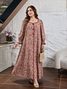 Lacomfia Plus Size Women Ditsy Floral Midi Dress Square Neck Lantern Long Sleeve Contrast Trim Fall Casual Boho Maxi Dress - Multicolor - View 6