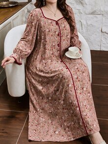 Lacomfia Plus Size Women Ditsy Floral Midi Dress Square Neck Lantern Long Sleeve Contrast Trim Fall Casual Boho Maxi Dress - Multicolor - View 3