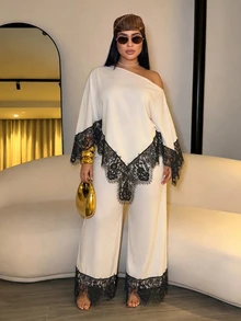 SOLERSUN 大尺碼優雅通勤拼接配色蕾絲拼接不對稱領襯衫與長褲兩件套 秋季 - 杏色 - 查看 3