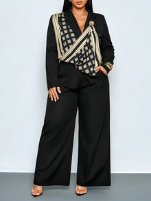 SOLERSUN Plus Size Women's Autumn Geometric Pattern Scarf Blazer Wide Leg Pants Set, Elegant Casual Office Outfit - Black - View 5