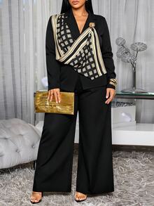 SOLERSUN Plus Size Women's Autumn Geometric Pattern Scarf Blazer Wide Leg Pants Set, Elegant Casual Office Outfit - Black - View 3