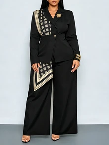SOLERSUN Plus Size Women's Autumn Geometric Pattern Scarf Blazer Wide Leg Pants Set, Elegant Casual Office Outfit - Black - View 2