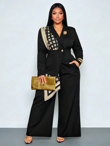SOLERSUN Plus Size Women's Autumn Geometric Pattern Scarf Blazer Wide Leg Pants Set, Elegant Casual Office Outfit - Black - View 6