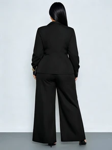 SOLERSUN Plus Size Women's Autumn Geometric Pattern Scarf Blazer Wide Leg Pants Set, Elegant Casual Office Outfit - Black - View 4