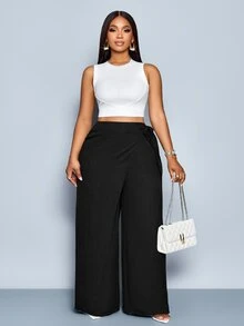 SOLERSUN Plus-Size Women's Linen-Like Belted High Waist Linen-Blend  Tie Side Belted Wide Leg Pants,Fashionable Commute,Spring And Summer Fall - Black - View 8