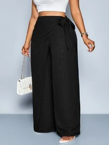 SOLERSUN Plus-Size Women's Linen-Like Belted High Waist Linen-Blend  Tie Side Belted Wide Leg Pants,Fashionable Commute,Spring And Summer Fall - Black - View 4