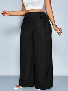 SOLERSUN Plus-Size Women's Linen-Like Belted High Waist Linen-Blend  Tie Side Belted Wide Leg Pants,Fashionable Commute,Spring And Summer Fall - Black - View 5