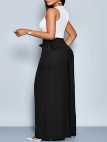 SOLERSUN Plus-Size Women's Linen-Like Belted High Waist Linen-Blend  Tie Side Belted Wide Leg Pants,Fashionable Commute,Spring And Summer Fall - Black - View 2