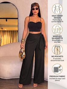 SOLERSUN Plus-Size Women's Linen-Like Belted High Waist Linen-Blend  Tie Side Belted Wide Leg Pants,Fashionable Commute,Spring And Summer Fall - Black - View 3