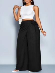 SOLERSUN Plus-Size Women's Linen-Like Belted High Waist Linen-Blend  Tie Side Belted Wide Leg Pants,Fashionable Commute,Spring And Summer Fall - Black - View 7