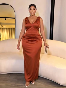 SOLERSUN Plus Size Vintage Elegant Normal Versatile Satin Pleated Back Slit Dress For Party Formal Cocktail Wedding Brown Summer/Fall - Brown - View 1