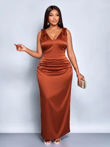 SOLERSUN Plus Size Vintage Elegant Normal Versatile Satin Pleated Back Slit Dress For Party Formal Cocktail Wedding Brown Summer/Fall - Brown - View 7