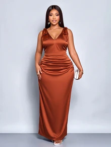 SOLERSUN Plus Size Vintage Elegant Normal Versatile Satin Pleated Back Slit Dress For Party Formal Cocktail Wedding Brown Summer/Fall - Brown - View 5