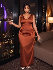 SOLERSUN Plus Size Vintage Elegant Normal Versatile Satin Pleated Back Slit Dress For Party Formal Cocktail Wedding Brown Summer/Fall - Brown - View 3