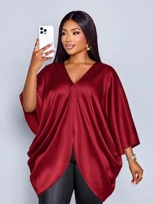 SOLERSUN Plus Size Burgundy Shiny Woven V-Neck Batwing Sleeve Asymmetrical Draped Blouse, European & American Style Versatile Commuter Shirt - Burgundy - View 6