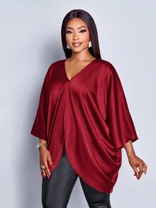SOLERSUN Plus Size Burgundy Shiny Woven V-Neck Batwing Sleeve Asymmetrical Draped Blouse, European & American Style Versatile Commuter Shirt - Burgundy - View 2