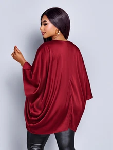 SOLERSUN Plus Size Burgundy Shiny Woven V-Neck Batwing Sleeve Asymmetrical Draped Blouse, European & American Style Versatile Commuter Shirt - Burgundy - View 5