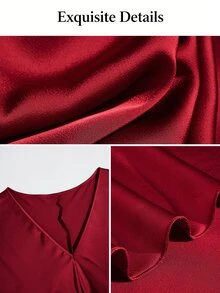SOLERSUN Plus Size Burgundy Shiny Woven V-Neck Batwing Sleeve Asymmetrical Draped Blouse, European & American Style Versatile Commuter Shirt - Burgundy - View 7