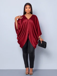 SOLERSUN Plus Size Burgundy Shiny Woven V-Neck Batwing Sleeve Asymmetrical Draped Blouse, European & American Style Versatile Commuter Shirt - Burgundy - View 1