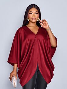 SOLERSUN Plus Size Burgundy Shiny Woven V-Neck Batwing Sleeve Asymmetrical Draped Blouse, European & American Style Versatile Commuter Shirt - Burgundy - View 4